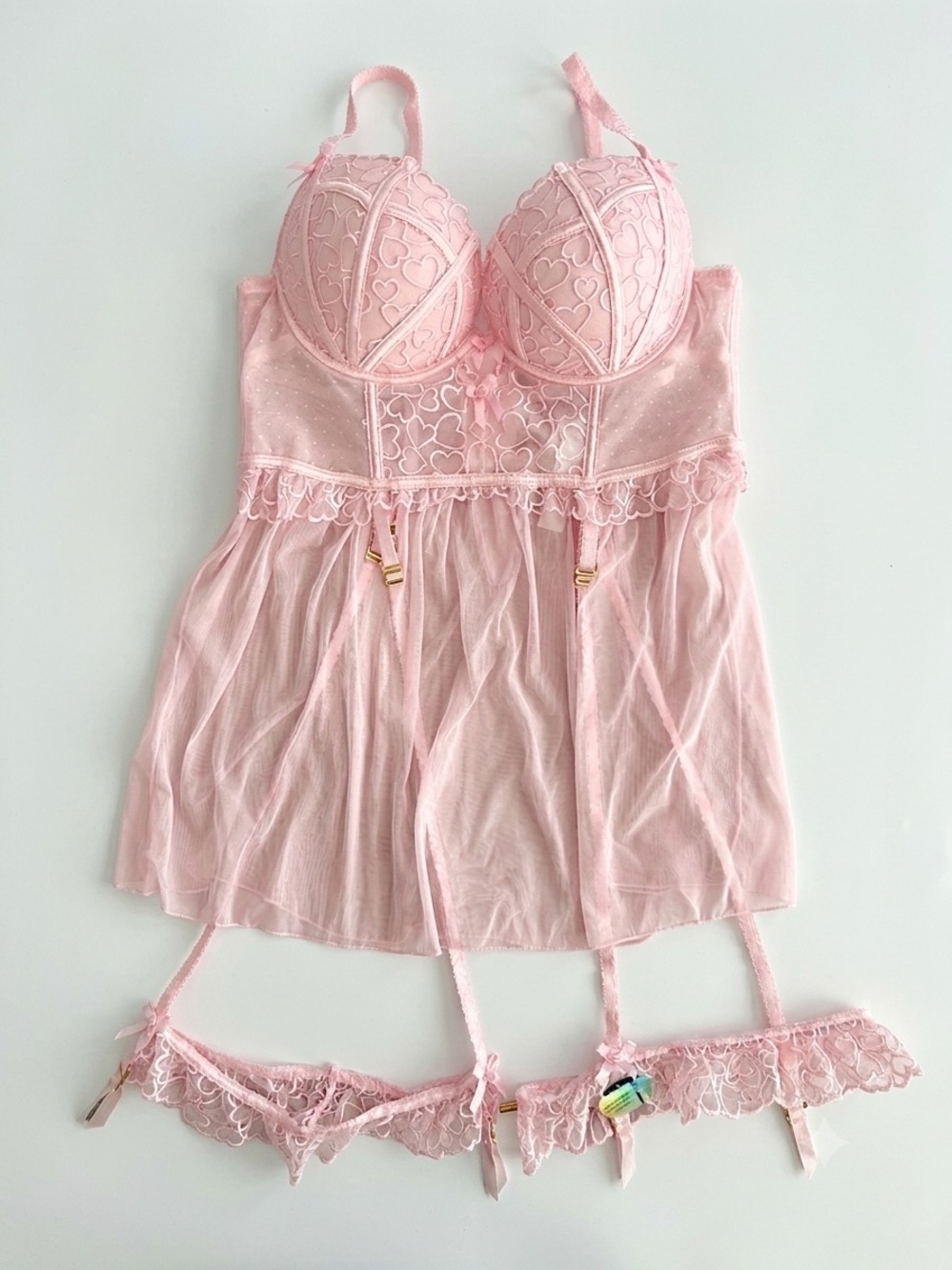 Censored Pink Heart Embroidered Corset Babydoll Garter Set 38B NWT
